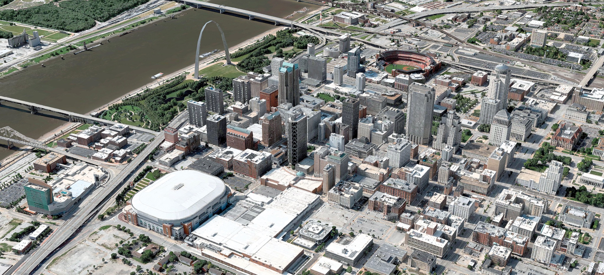 Aerial view of downtown St. Louis near America&rsquo;s Center