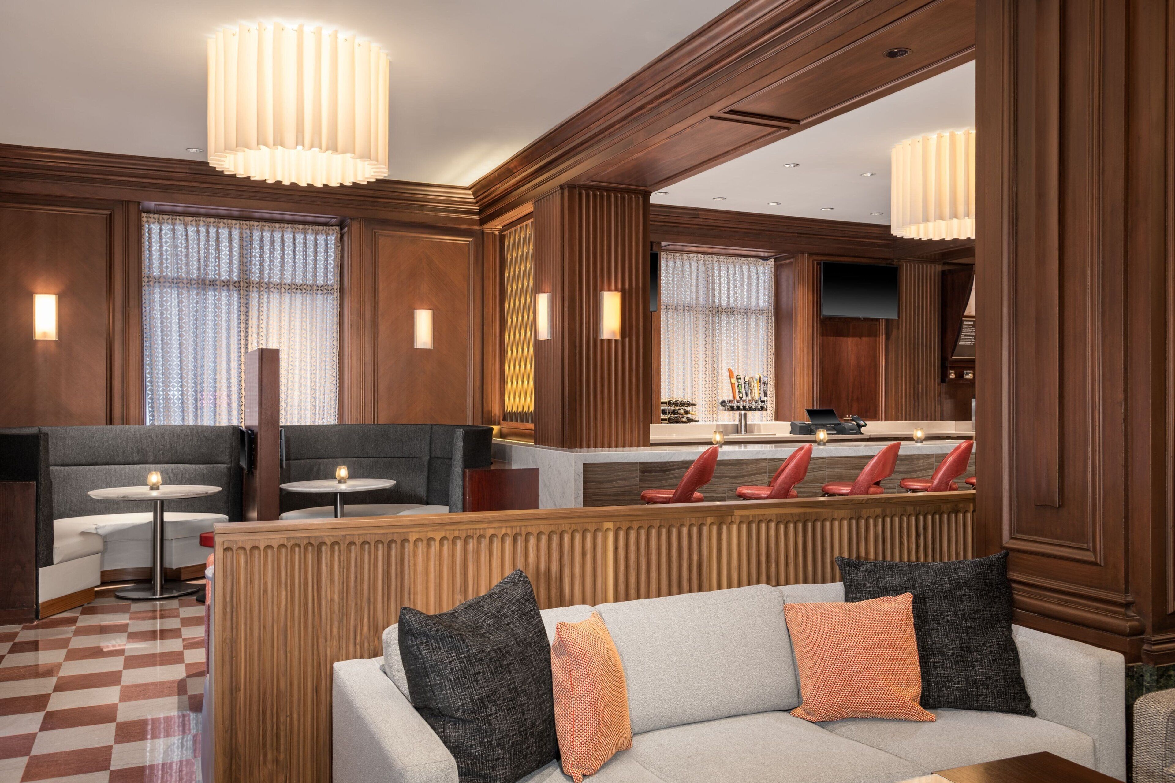 Hotel bar with wine and tap wall