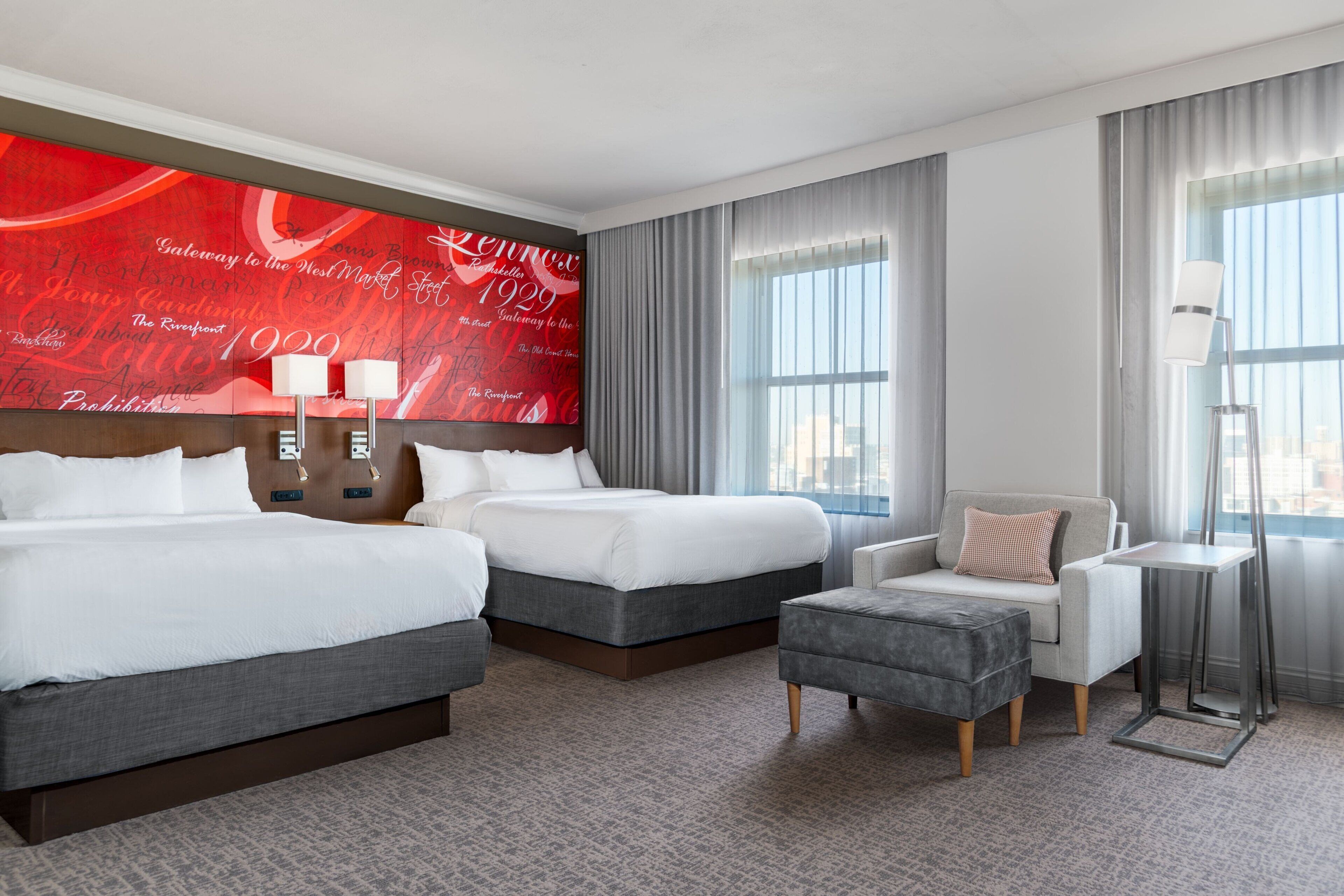 Guest room with St. Louis heritage mural wall