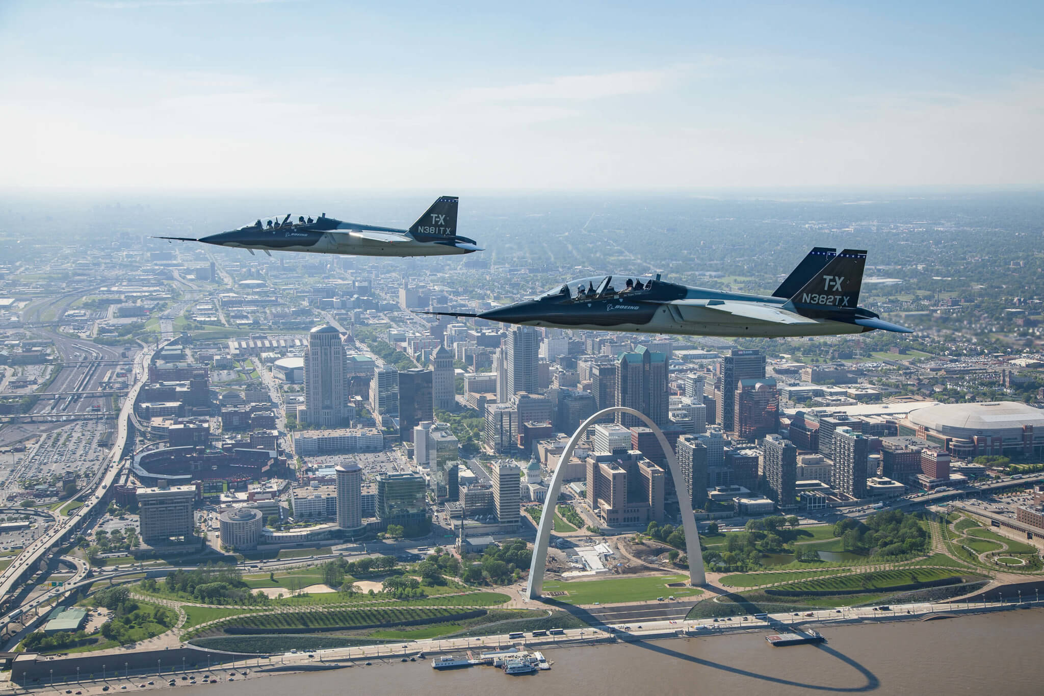 Two Boeing T-X jets flying over downtown St. Louis