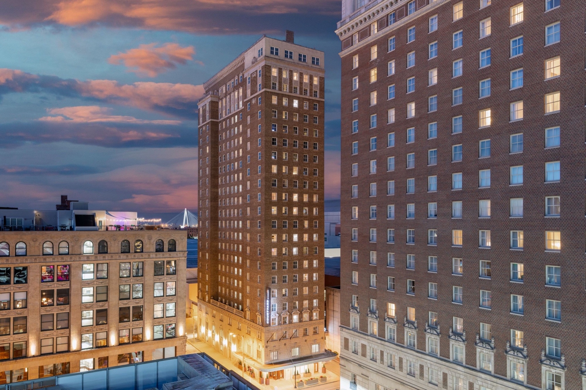 Courtyard tower at dusk in downtown St. Louis
