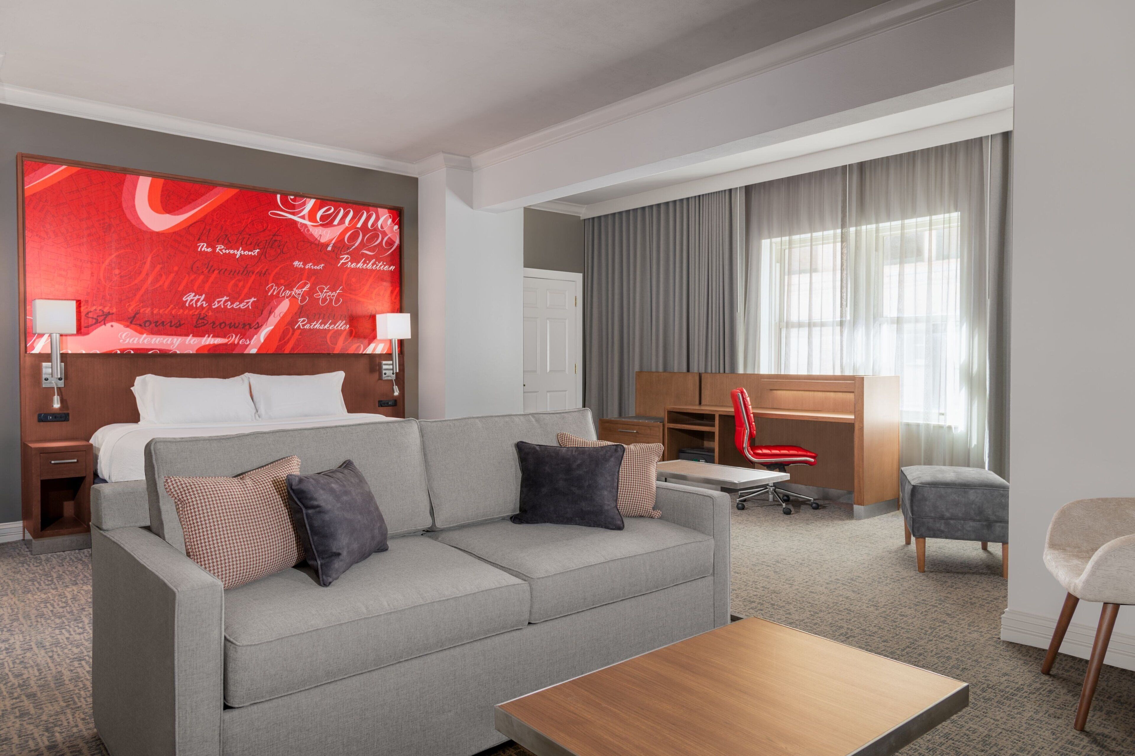 Guest suite with St. Louis heritage mural wall and city view