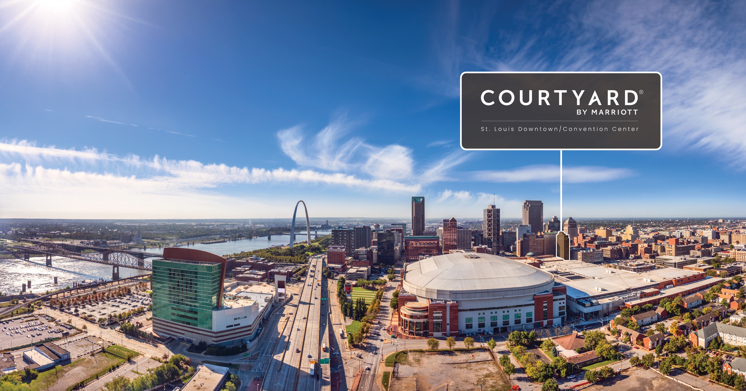 Aerial view of downtown St. Louis with the Courtyard tower marked