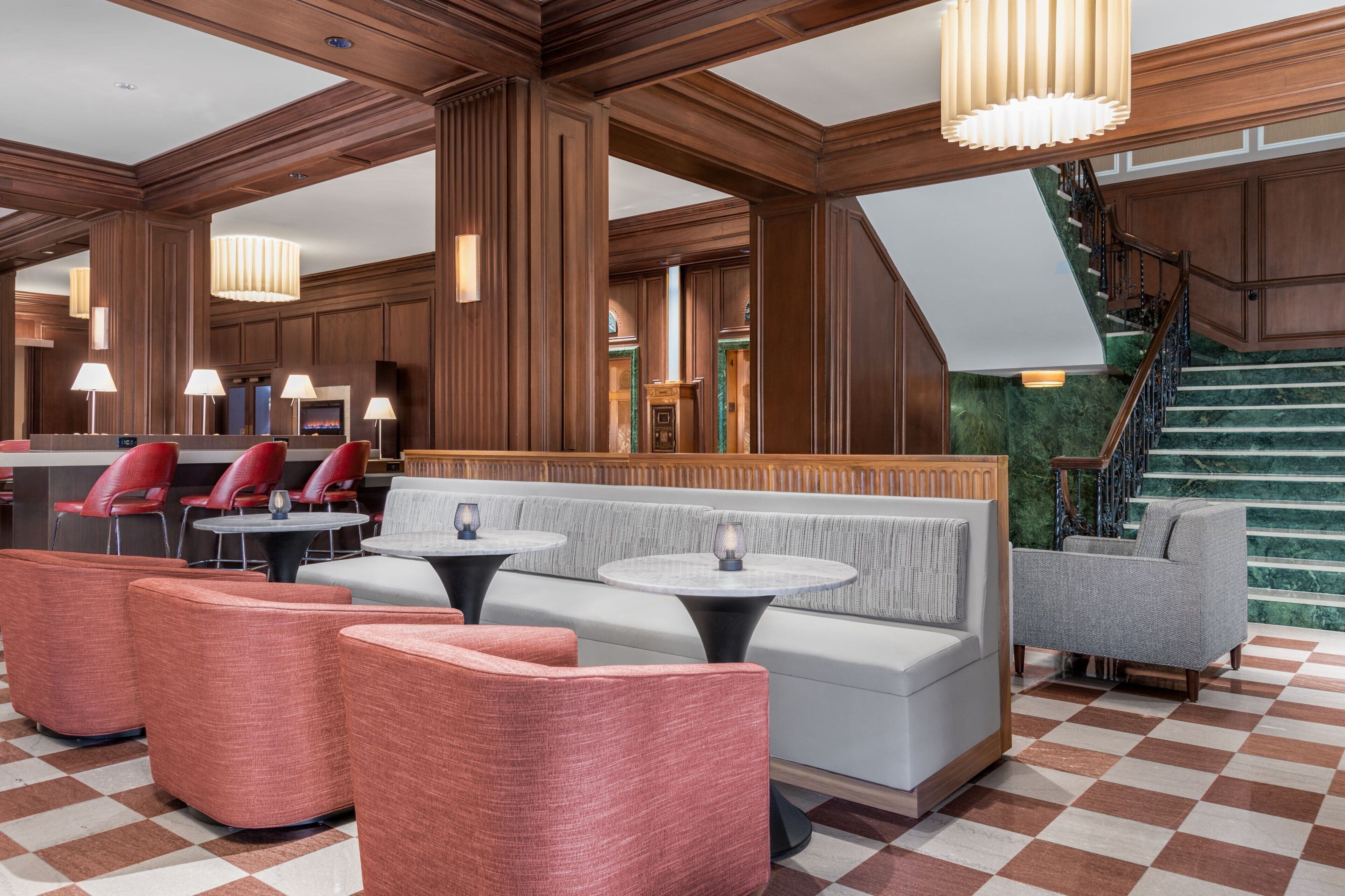 Lounge seating near the lobby staircase